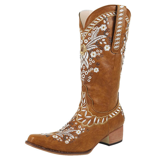 Retro Vintage Embroidery Walking Cowboy Boots Plus Size 43