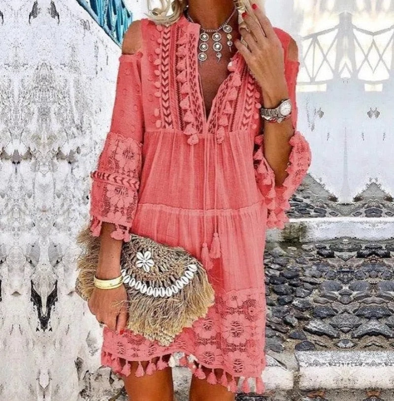 Seven Sleeve Loose Fit Tassel Boho Dress