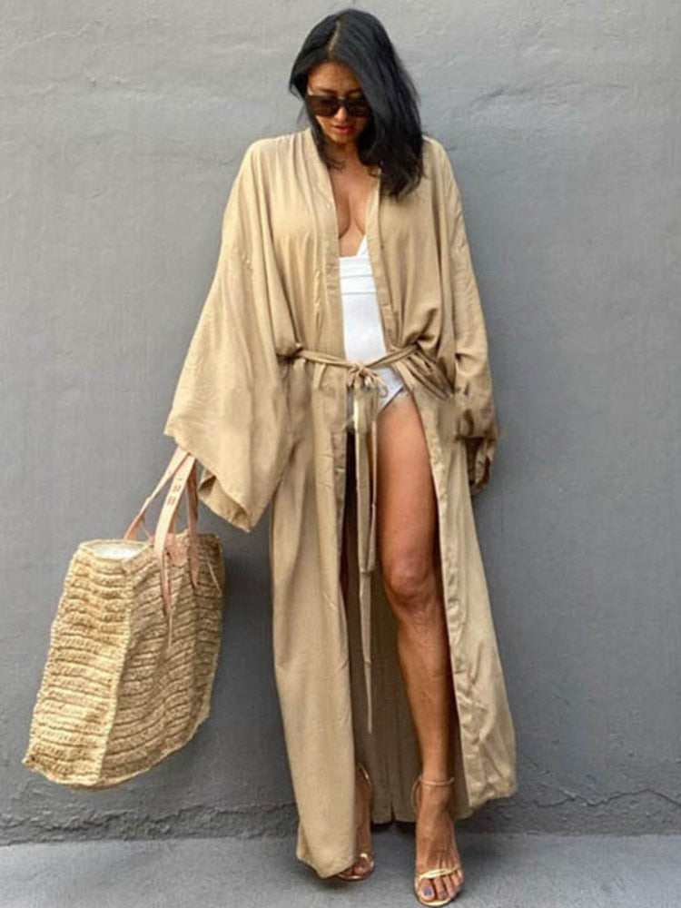 Solid Self Belted Wrap Kimono Cover Up Robe Dress