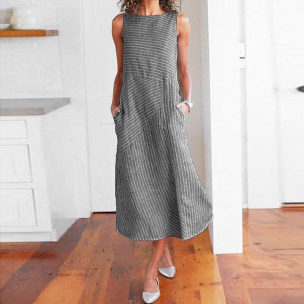 Sexy Striped Print Sleeveless Linen Pocket Sundress