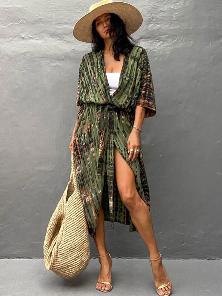 Boho  Stripes Tie Dye Bikini Cover-ups Beach Kimono Dress