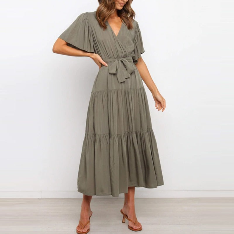 Summer Lace-up Ruffled High Waist Bohemia Dress