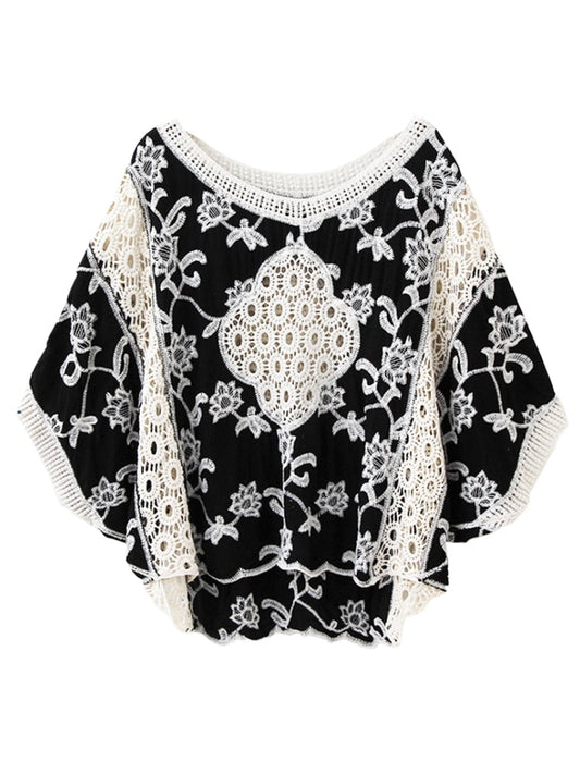 Women's Lace Embroidery  Loose Batwing Sleeve White Shirt