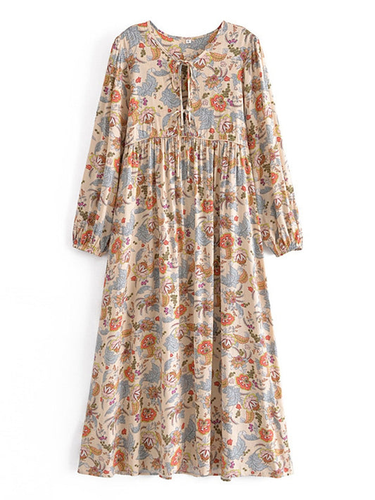 Vintage Chic Floral Print Ladies Rayon Cotton Pleated Maxi Dress