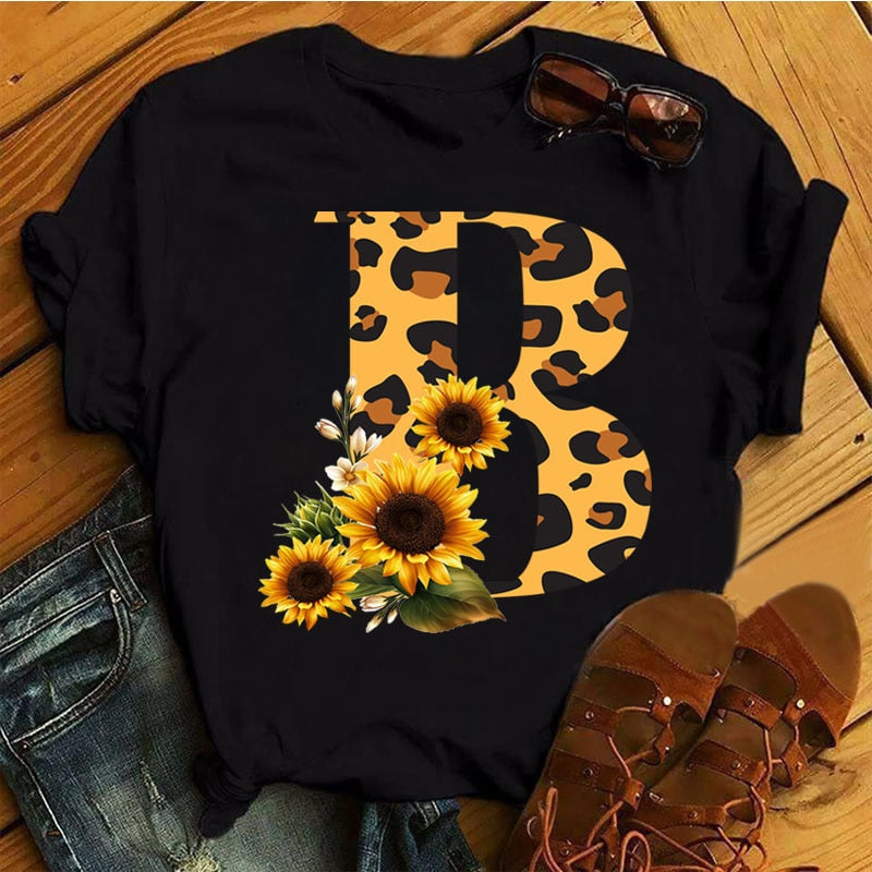 Leopard Sunflower Letter Print T- Shirt