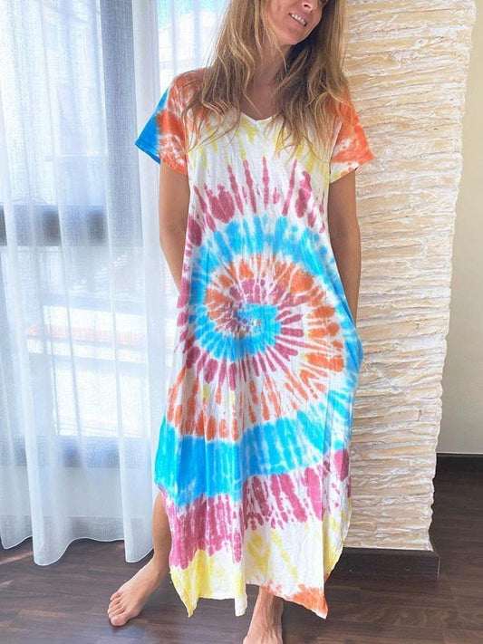 Casual Fashion Short Sleeve Long Tie Dye Printed Slit Dress