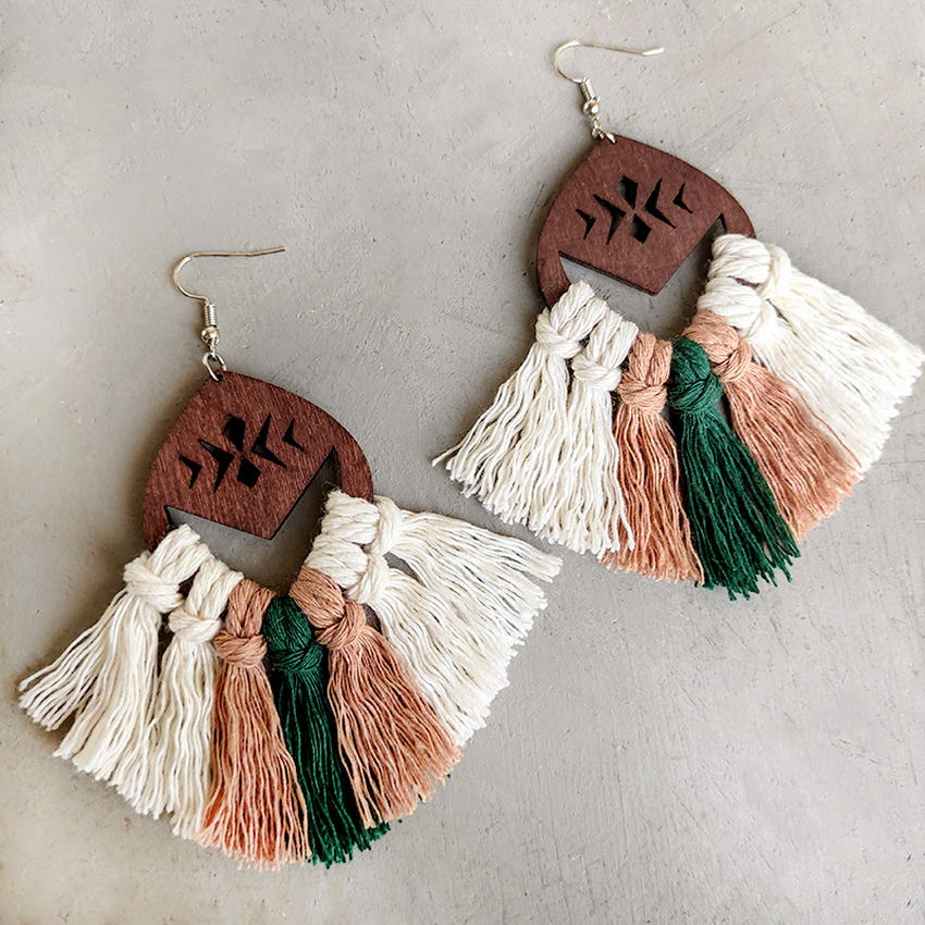 Boho Handmade Wooden Cotton Macrame Tassel Earrings