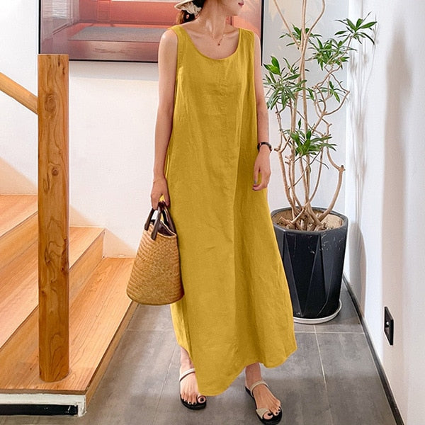 Elegant Solid Puff Sleeve Cotton Linen Dress