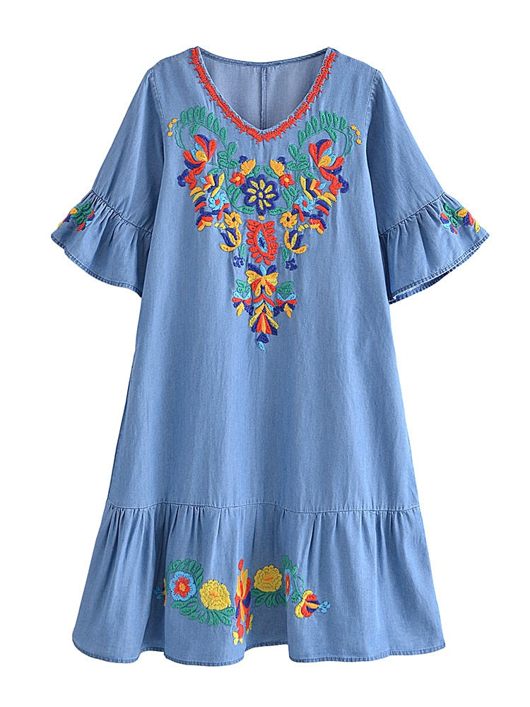 Vintage Chic Floral Embroidered Denim Mini Dress