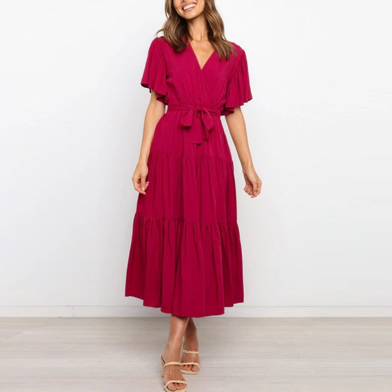 Summer Lace-up Ruffled High Waist Bohemia Dress