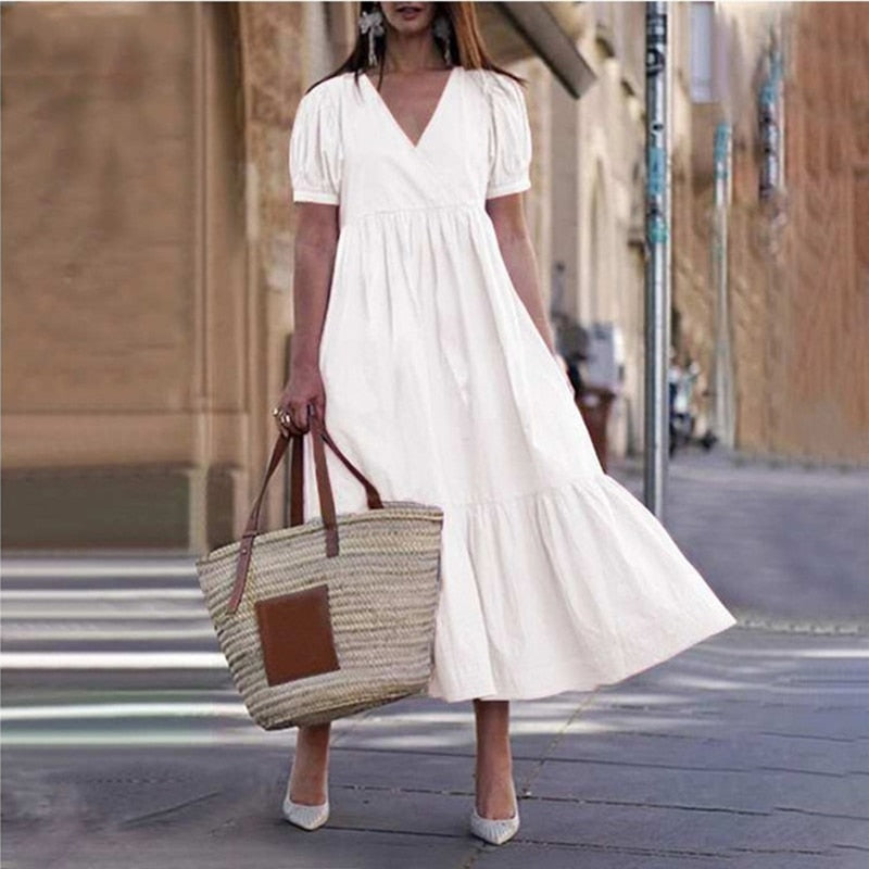 Elegant Solid Puff Sleeve Cotton Linen Dress