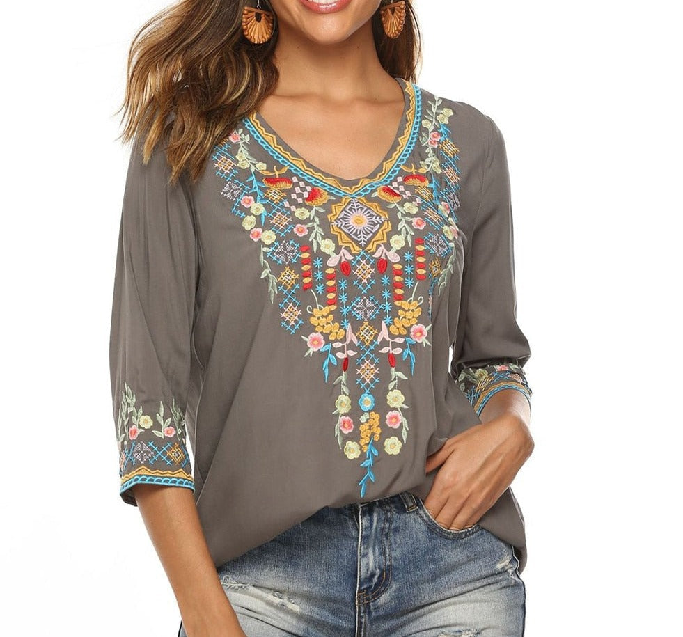 Boho Floral Chic Embroidered Hippie Shirt Blouse