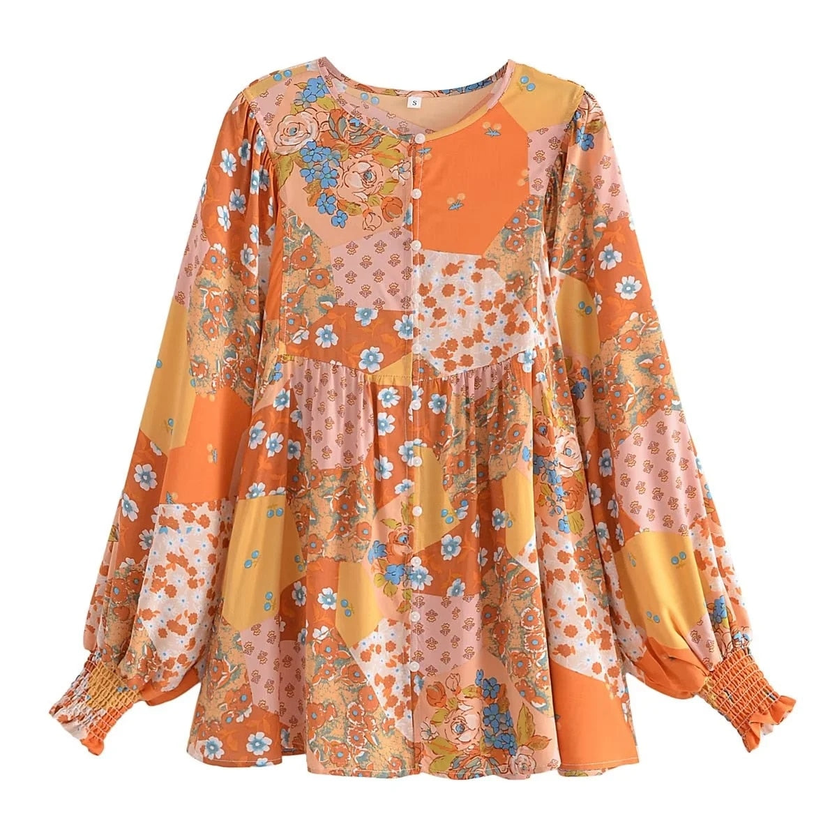 Boho Floral Print Patchwork Cotton Gypsy Blouse