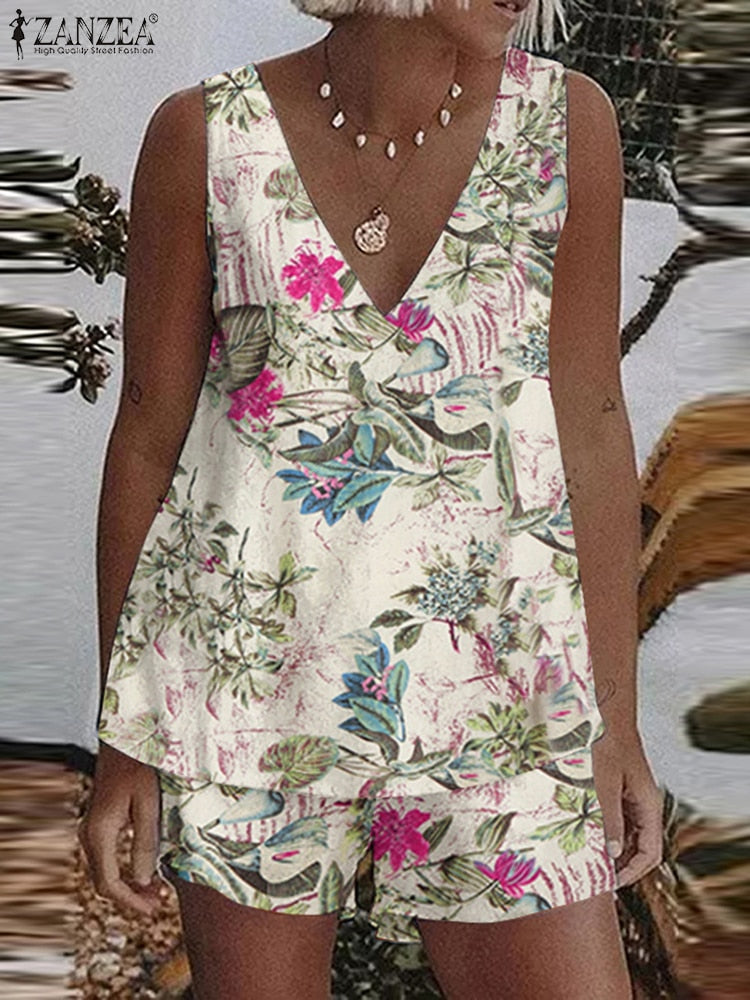 Solid Cotton Sleeveless Casual Tank Top and Shorts Matching Set