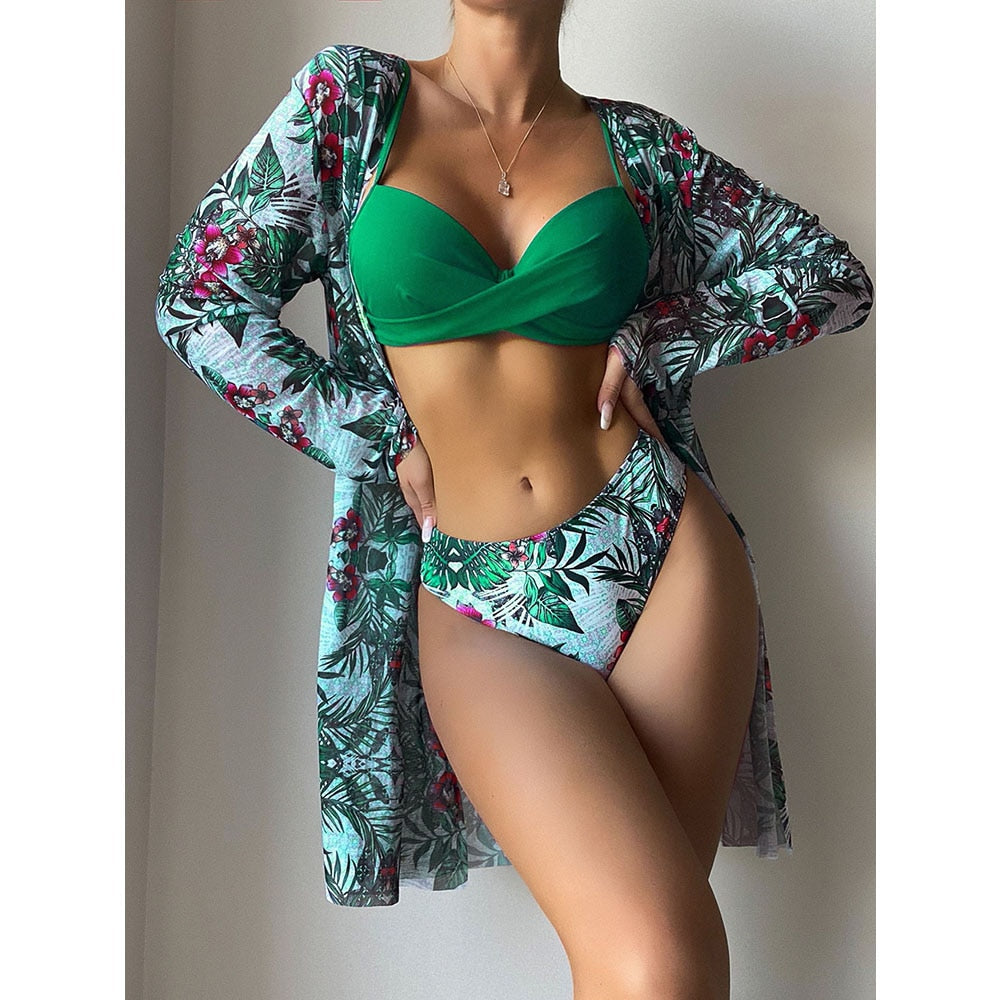 Women Printed High Waist Sexy Bikini And Cover Set - Small