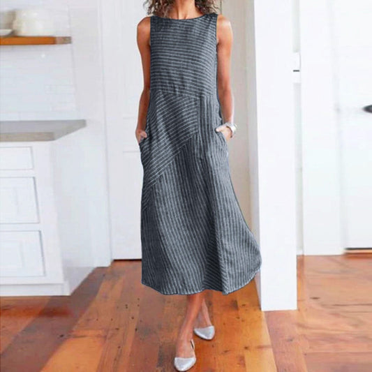 Sexy Striped Print Sleeveless Linen Pocket Sundress