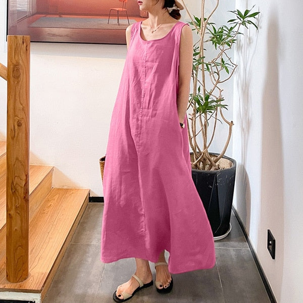 Elegant Solid Puff Sleeve Cotton Linen Dress