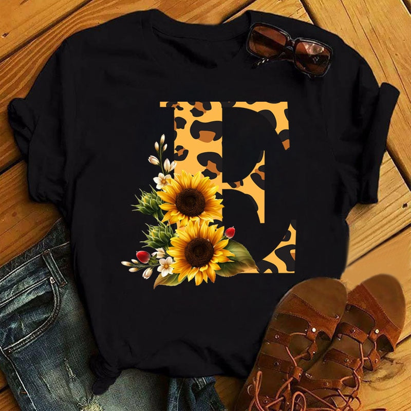 Leopard Sunflower Letter Print T- Shirt