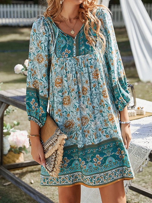 Boho Vintage Floral A-Line Tie Up Loose Mini Dress