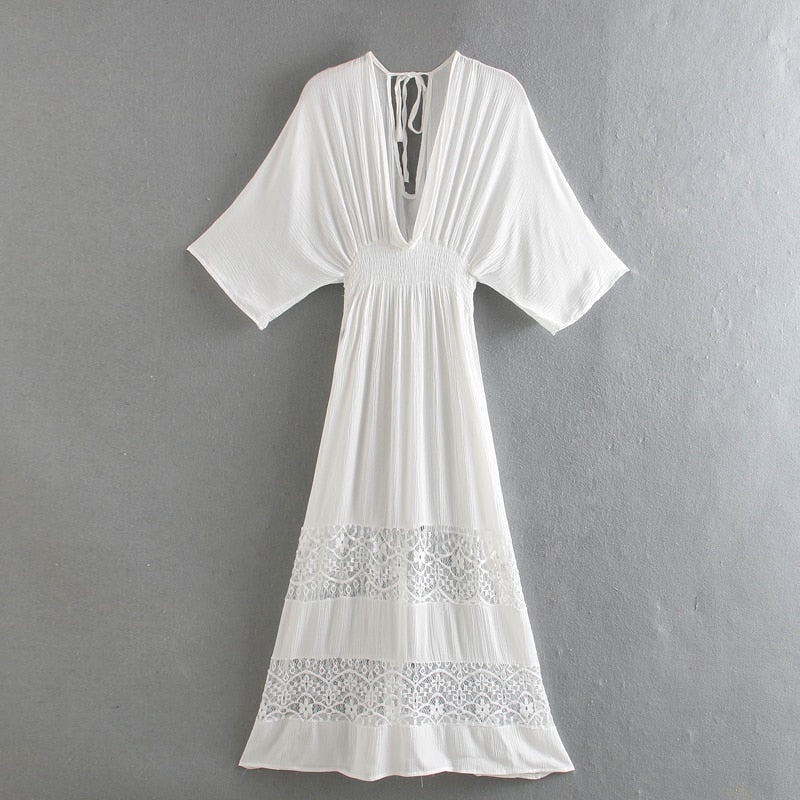 White Lace Patch High Elastic Waist Boho Maxi Dress