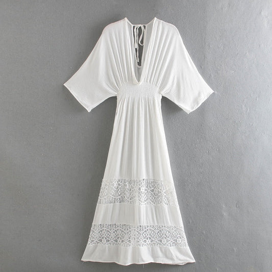 White Lace Patch High Elastic Waist Boho Maxi Dress