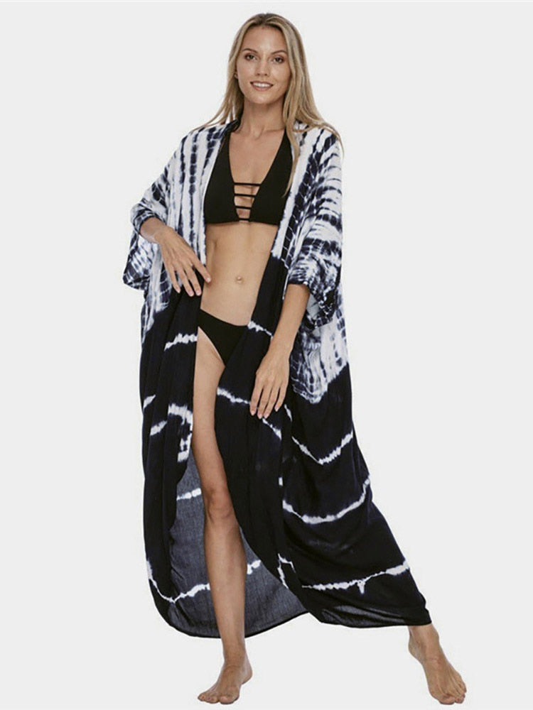 Boho  Stripes Tie Dye Bikini Cover-ups Beach Kimono Dress