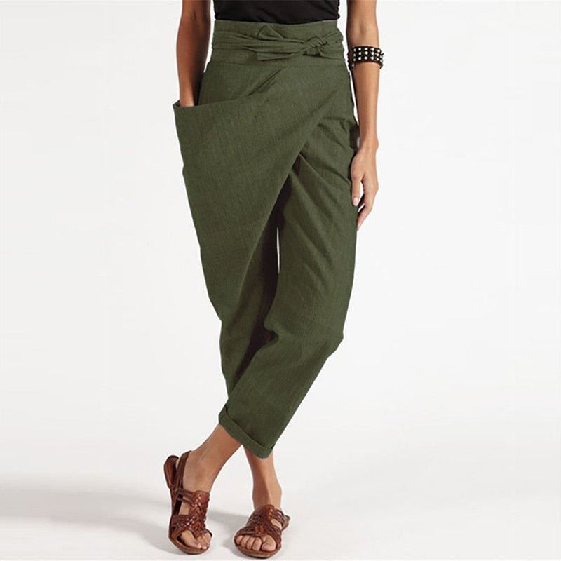 Solid Color Irregular Lacing Loose Cropped Trousers