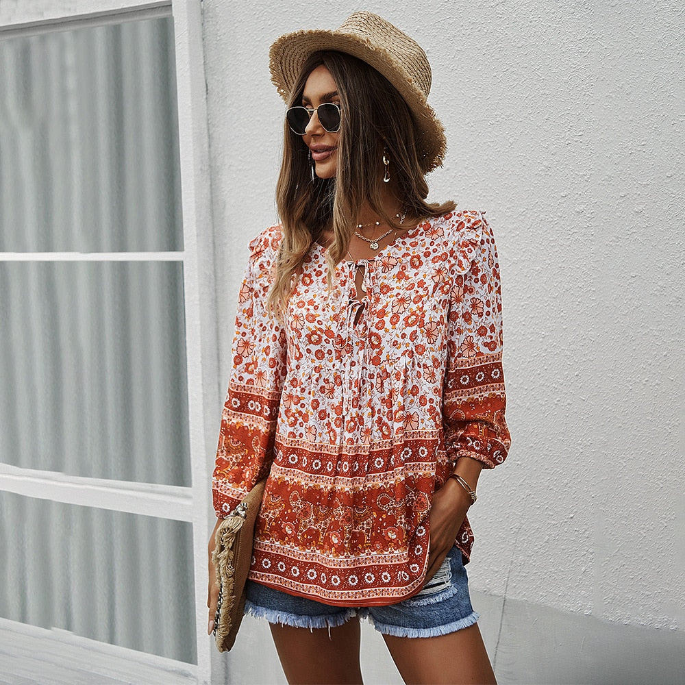 Bohemian Floral Long Sleeve Blouse