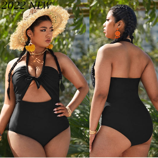 Women Floral Large One Piece Plus size Beachwear - Black