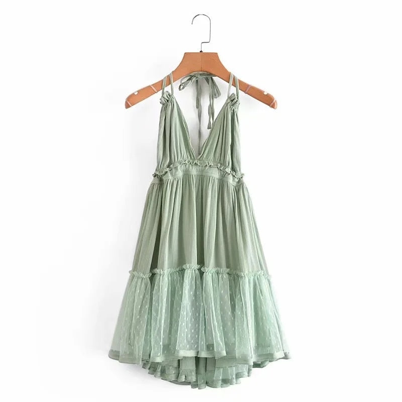 Women Cotton Lace Backless Mini Dress