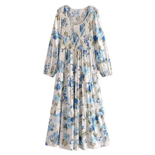 Ethnic Floral Long Sleeve V-Neck Elastic Rayon Maxi Dress