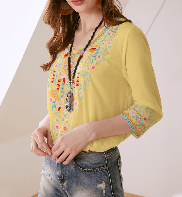 Boho Floral Chic Embroidered Hippie Shirt Blouse