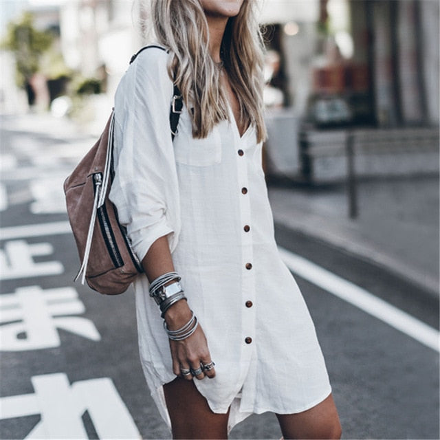 Casual Solid Color V-neck Summer Tunic Beach Dress