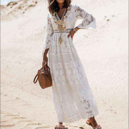 Elegant Lace Flare Sleeve Maxi Dress