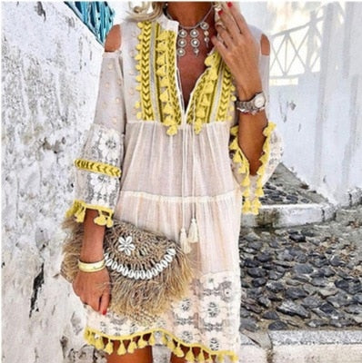 Seven Sleeve Loose Fit Tassel Boho Dress