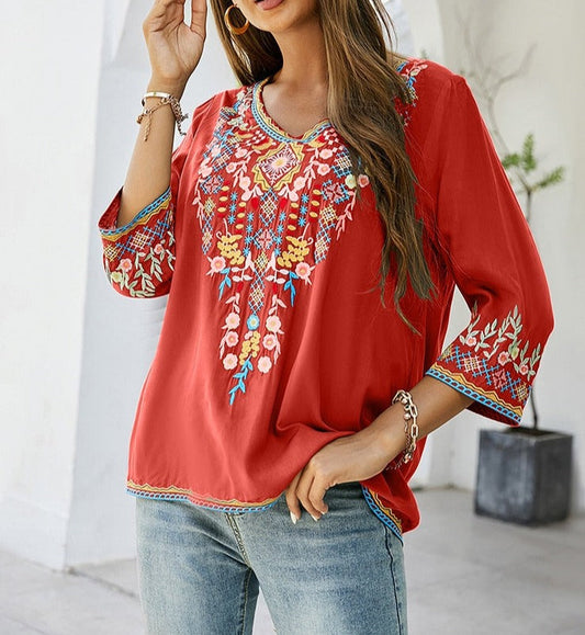 Boho Floral Chic Embroidered Hippie Shirt Blouse