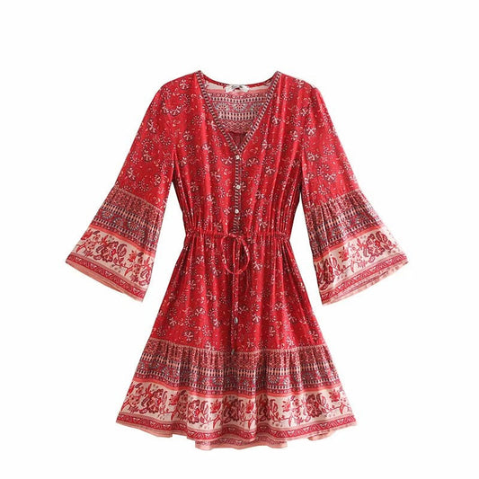 Boho Women Floral Tassel V-neck Flare Sleeve Beach Dress