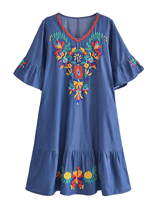 Vintage Chic Floral Embroidered Denim Mini Dress