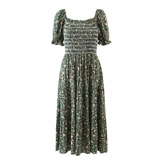 Bohemian Short Sleeve Rayon Cotton Elastic Midi Sundress