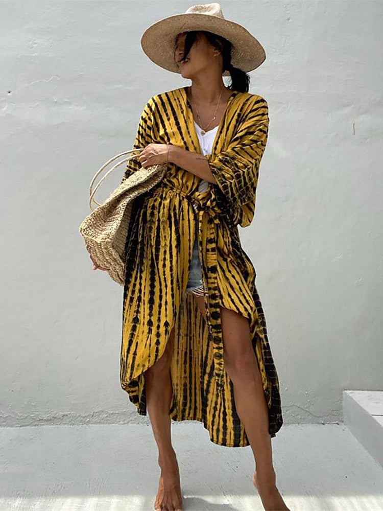 Boho  Stripes Tie Dye Bikini Cover-ups Beach Kimono Dress