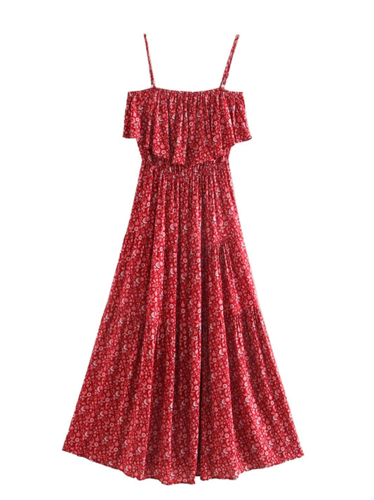 Vintage Floral Print Sleeveless Chic Ruffles Maxi Dress