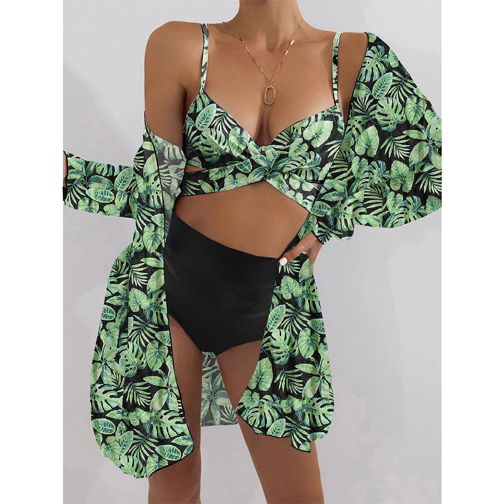 Women Printed High Waist Sexy Bikini And Cover Set - Large