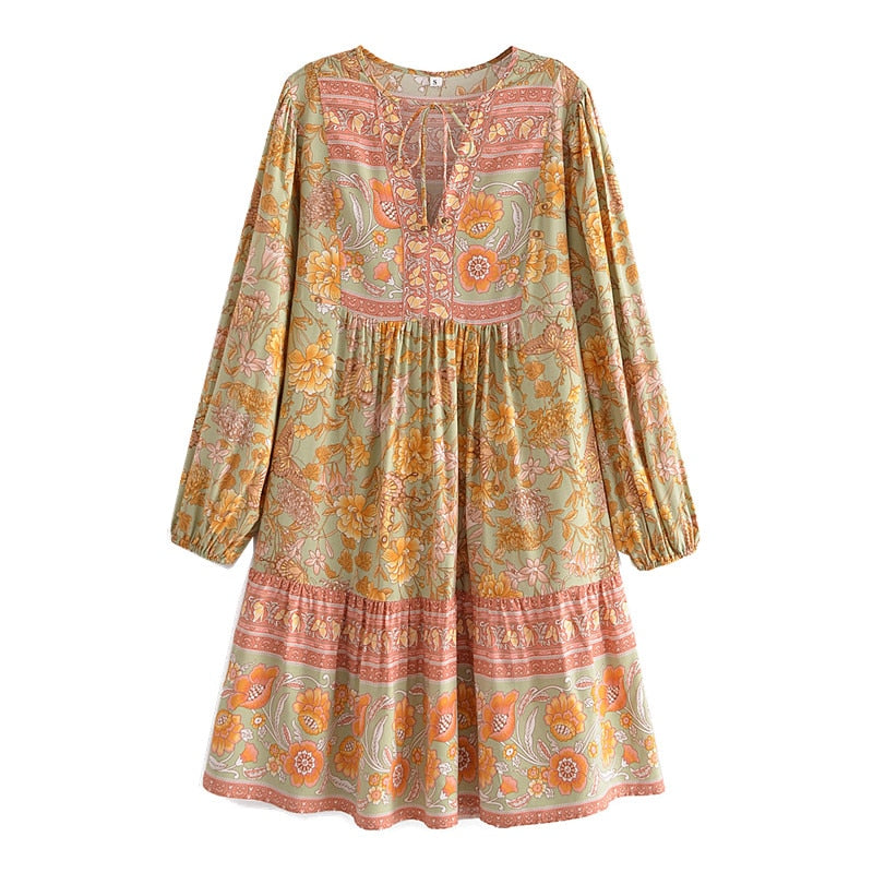 Boho Beach Tassel Lacing Up V Neck Long Sleeve Loose Midi Dress