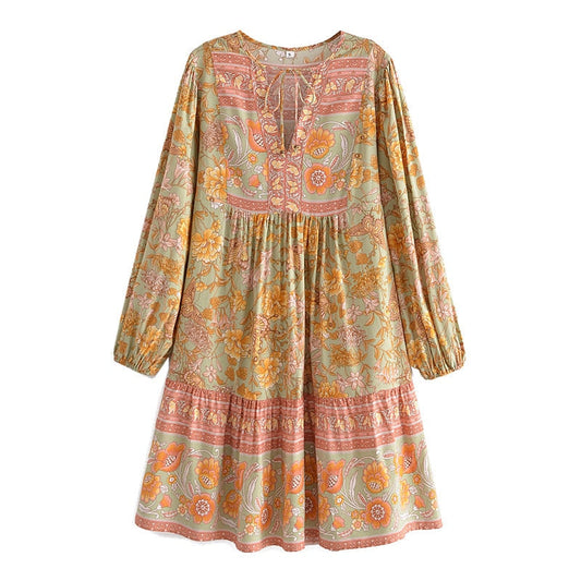 Boho Beach Tassel Lacing Up V Neck Long Sleeve Loose Midi Dress
