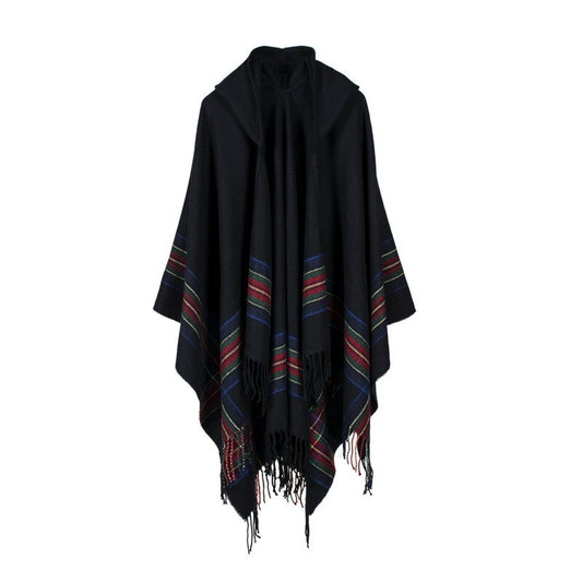 Fashionable Cashmere Jacquard Hooded Cloak Poncho Cape