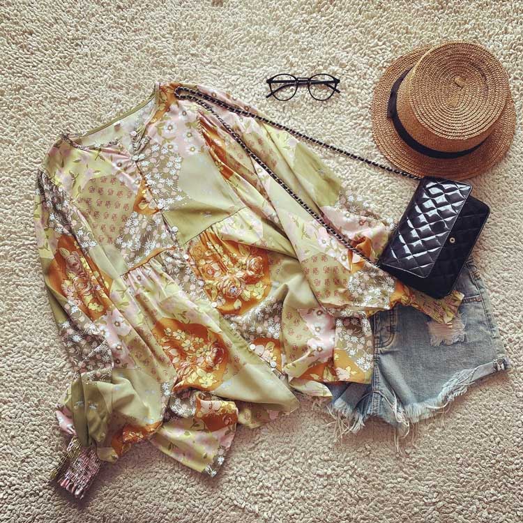 Boho Floral Print Patchwork Cotton Gypsy Blouse