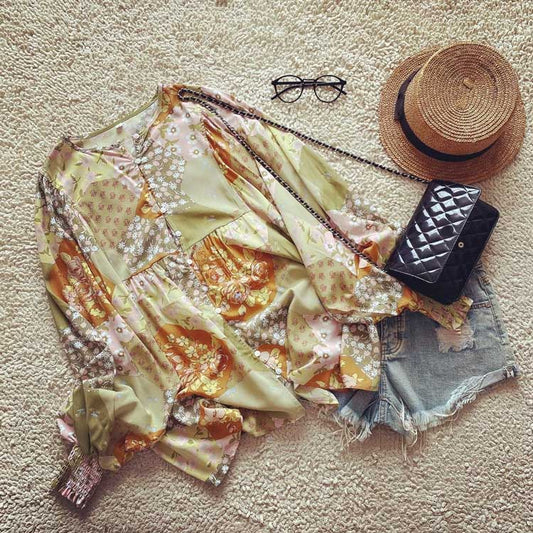 Boho Floral Print Patchwork Cotton Gypsy Blouse