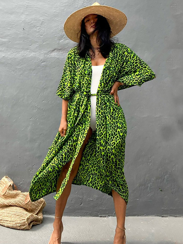 Boho  Stripes Tie Dye Bikini Cover-ups Beach Kimono Dress