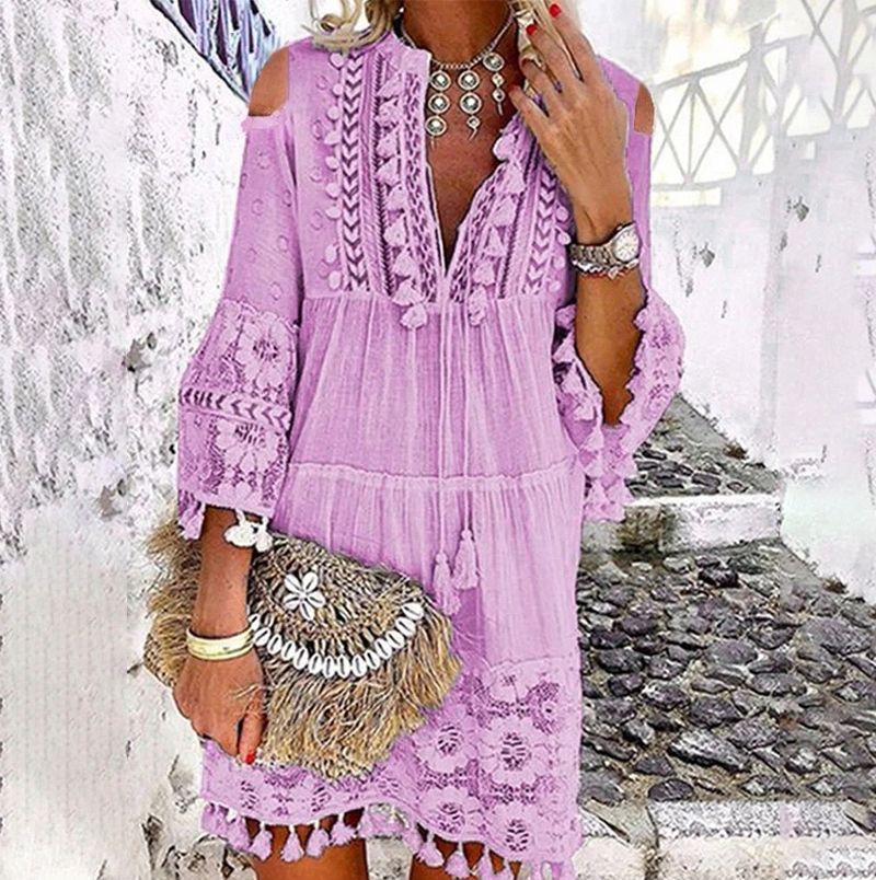 Seven Sleeve Loose Fit Tassel Boho Dress
