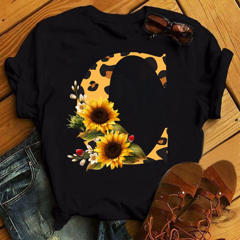 Leopard Sunflower Letter Print T- Shirt